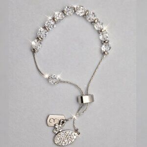 Adjustable Bolo Style Bracelet Clear Faceted Crystal Beads Silver Tone Charms